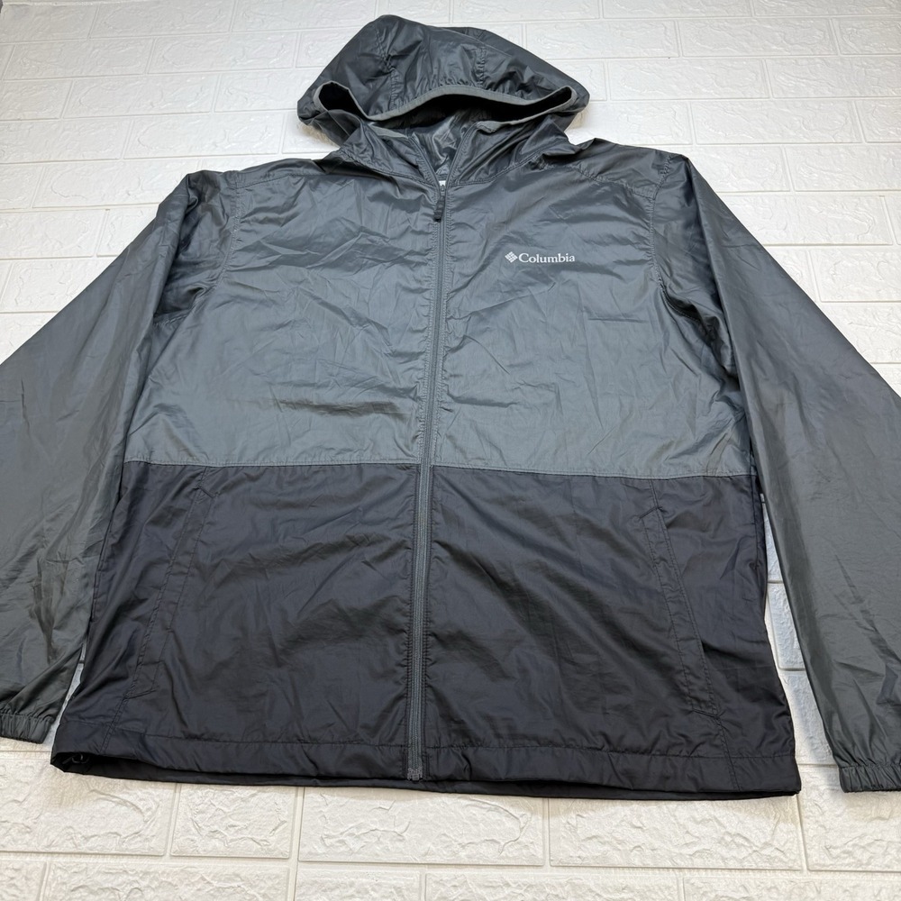Columbia Hooded Windbreaker Jacket Men’s Large Gray Black Lightweight Packable